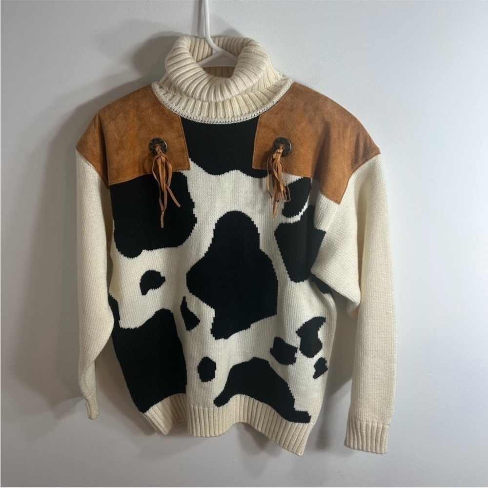 Vintage Cow Print Turtleneck Sweater Small Western Boho Tassels Faux Suede